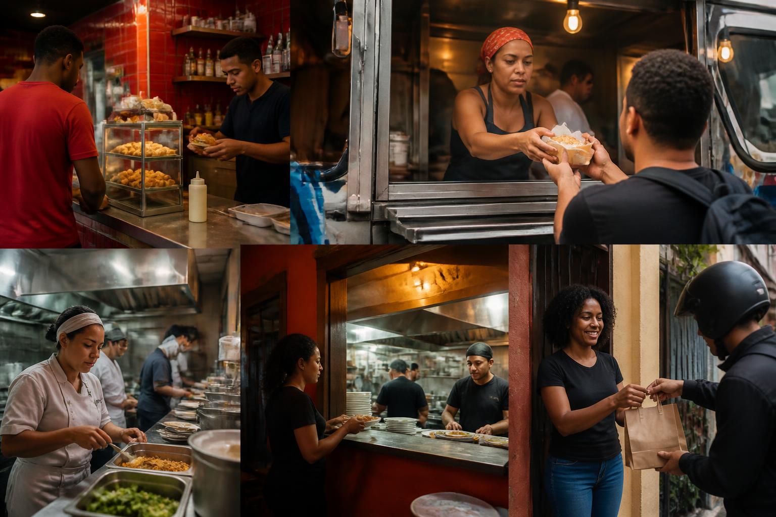 Mosaico de lanchonete, food truck, cozinha e operação de delivery no Brasil
