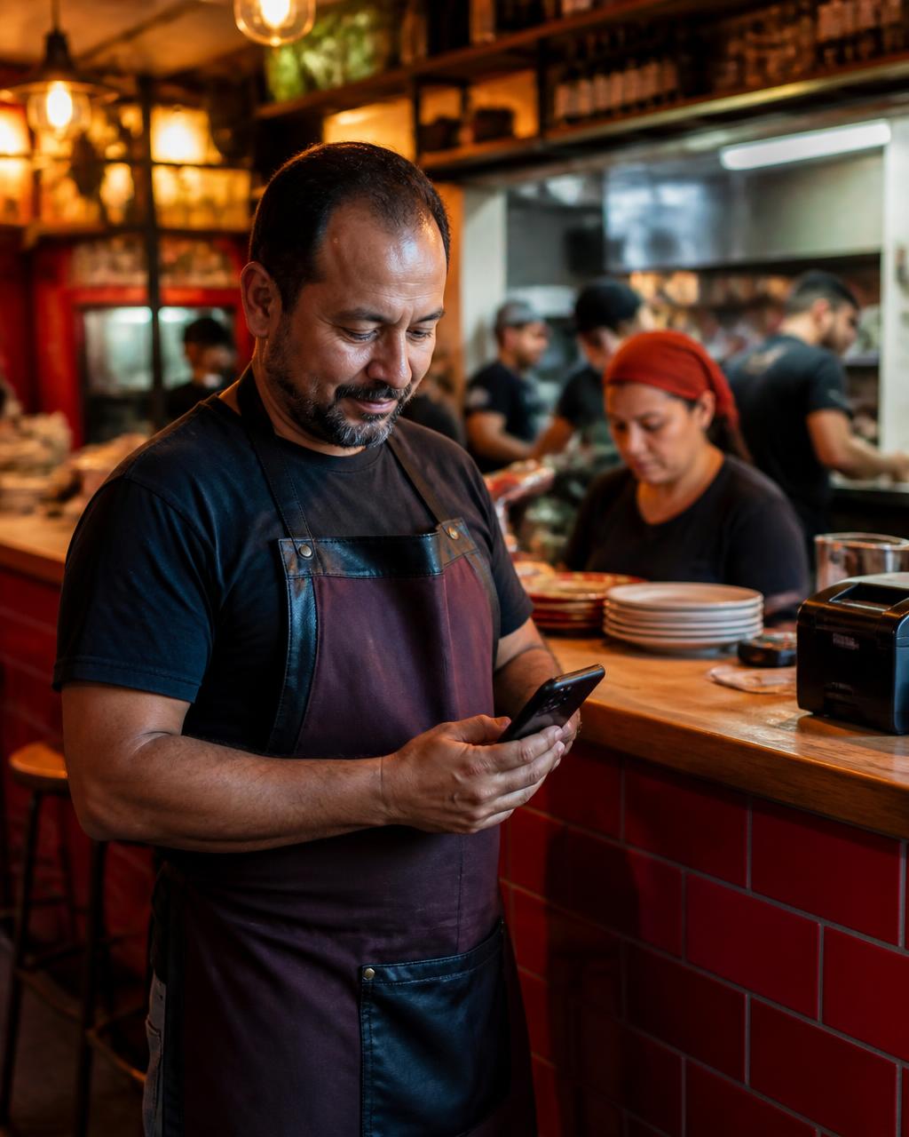 Dono de restaurante acompanhando a operação pelo celular
